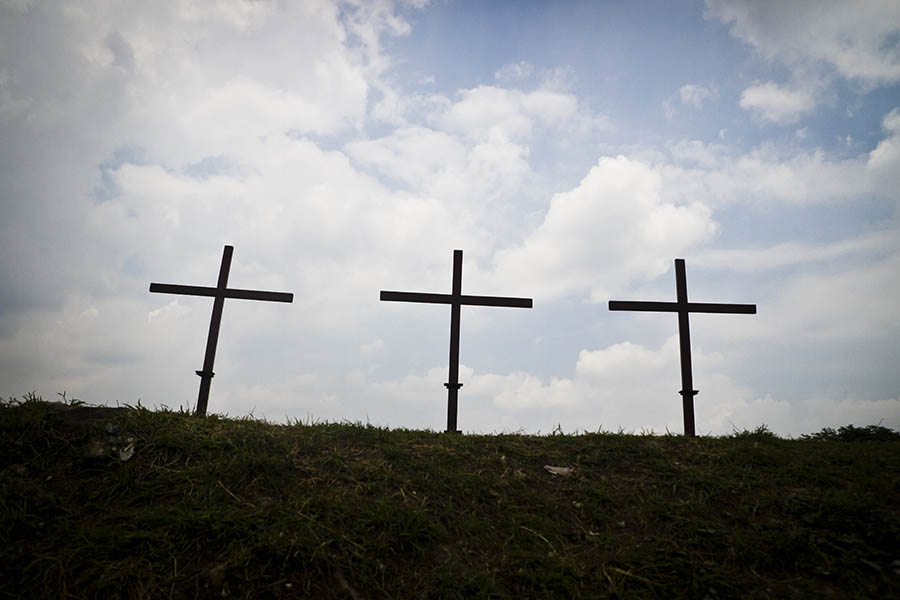 Empty crucifixes at the beginning of the festival in Angeles, The Philippines.