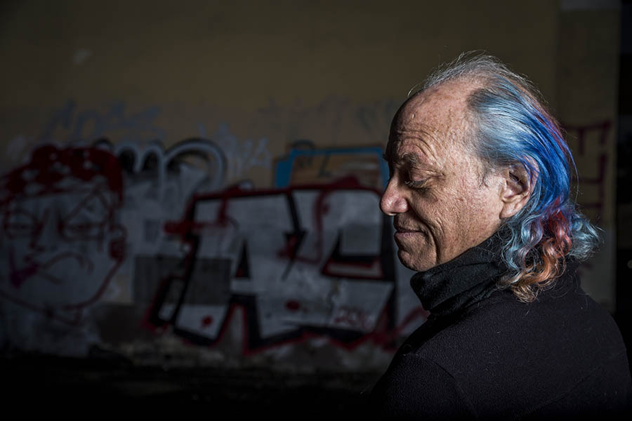 Portrait of inventor Mitch Altman in the streets of Berlin, Germany