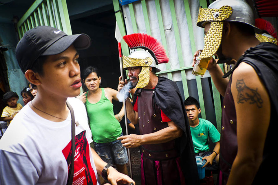 Roman centurion having cigarette break