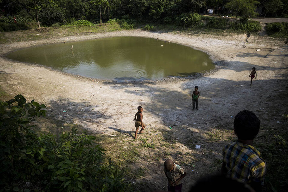 Children by a rural pond