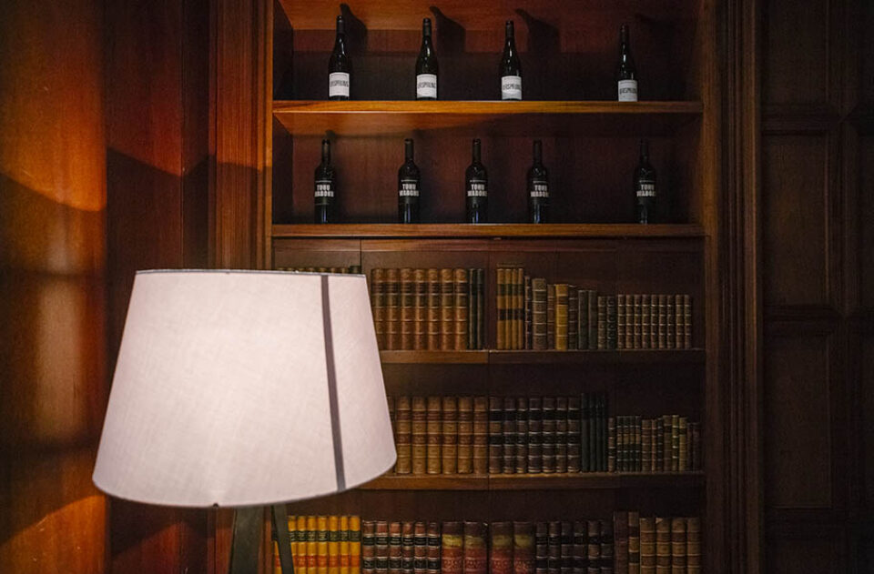 Bookcase and wine bottles