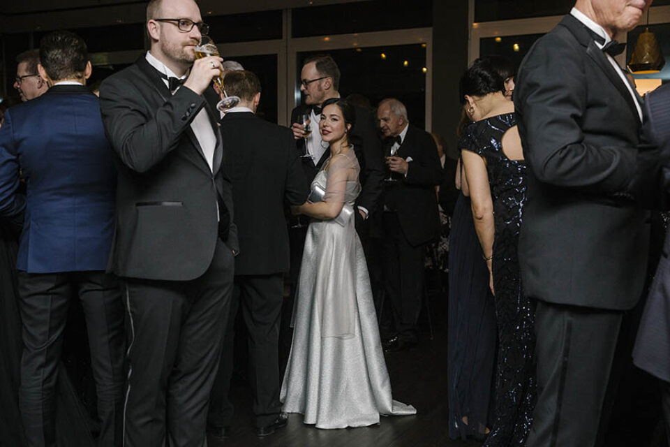 Woman in silver ballgown