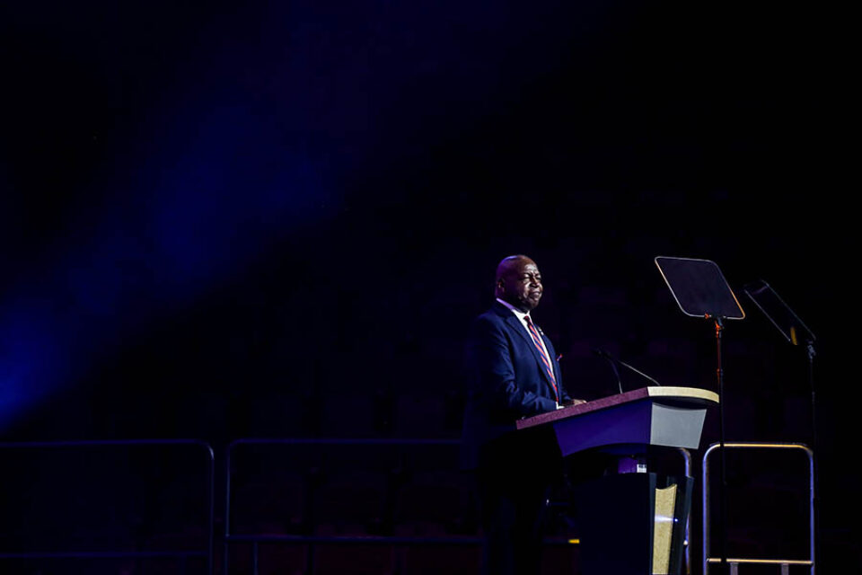 Outgoing president Douglas X Alexander onstage in Montreal